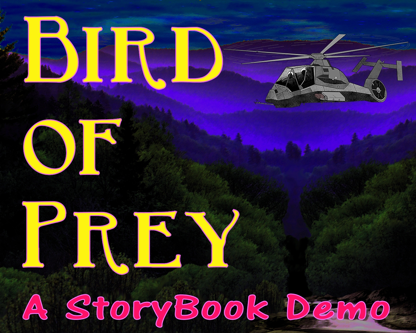 Night scene of the Hornet chopper over a woodland creek with hills receding into background overlaid with the title text.